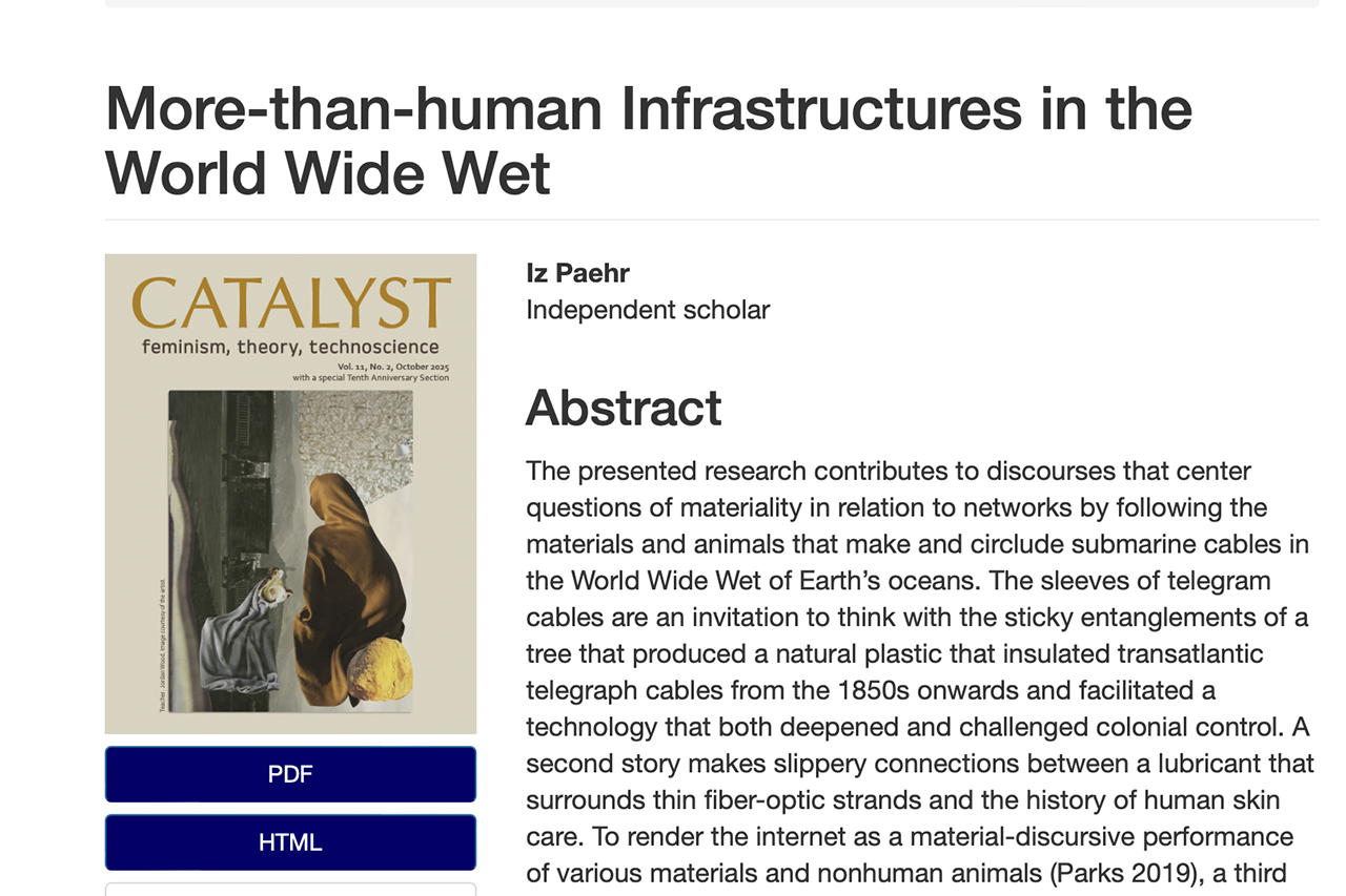 A screenshot from Catalyst's website shows the title of the article: More-Than-Human Infrastructures in the World Wide Wet. Next to the journal's title image which shows a monochrome collage, the name Iz Paehr is written with the abstract of the article below.