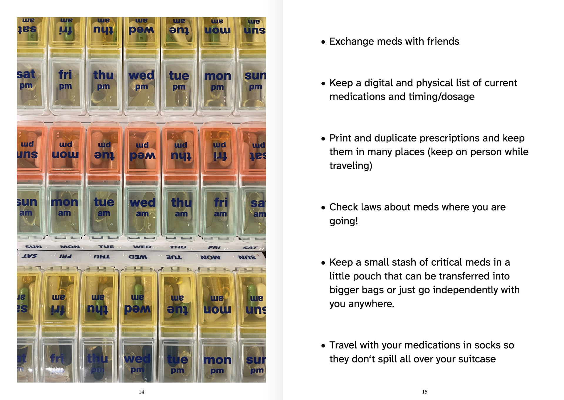 This screenshot shows a double page from within the PDF booklet. On the left page, a photo of pillboxes is displayed. On the right page, tips are displayed in bullet points. For example, the first tip reads: Exhange meds with friends. The full text can be found within the PDF.