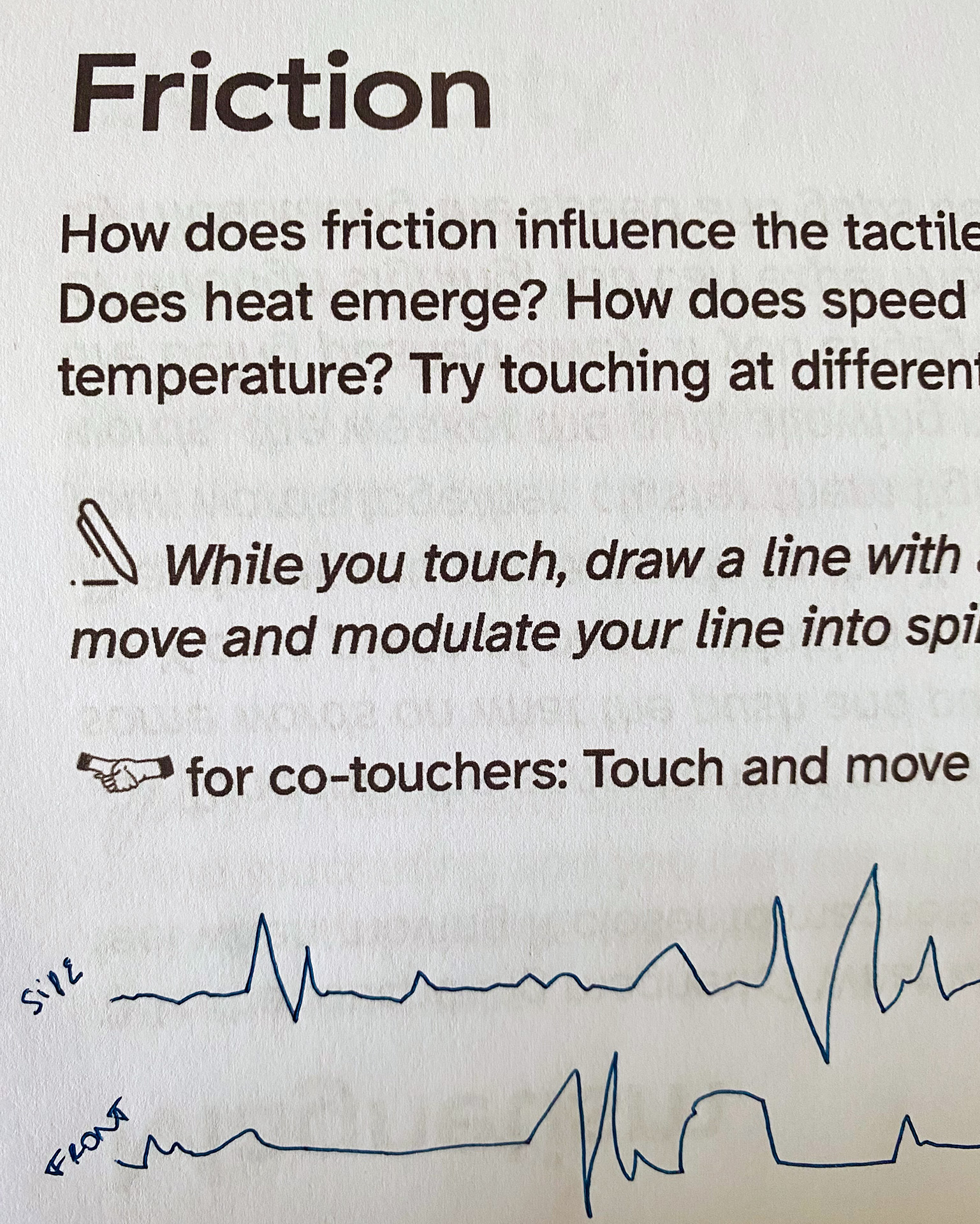 The title of this opened page from the tactile descriptions booklet reads: Friction. Underneath the instructions on the page, someone has drawn spiky lines.